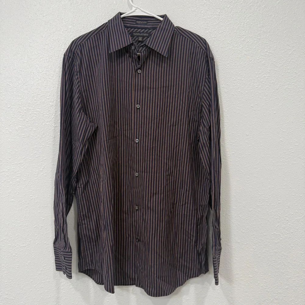 Banana Republic Mens Slim Fit Striped Button Down Shirt Navy Cotton L 16-16.5